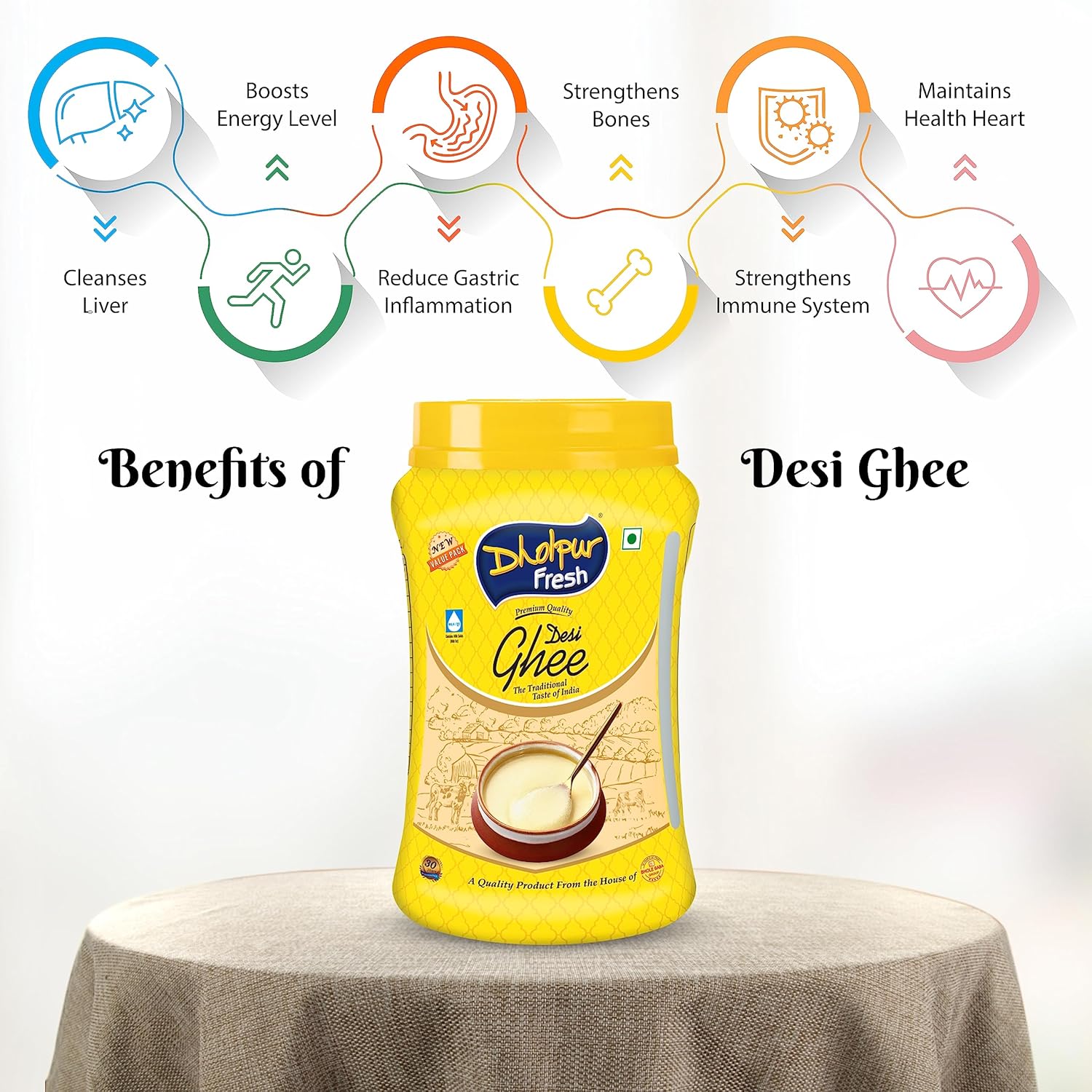 Pure Fresh Desi Ghee By Dholpur Fresh | Delicious & Nutritious Healthy Desi Cow Ghee For Relieves Constipation | (1 Litr) 33.8 Ounce | Jar Pack Pure Fresh Desi Ghee By Dholpur Fresh | Delicious & Nutritious Healthy Desi Cow Ghee For Relieves Constipation | (1 Litr) 33.8 Ounce | Jar Pack