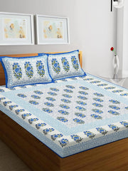 Pure 100% Cotton Double Bed Sheet With 2 Pillow Covers - 90 X 100 Inches, Blue & White | Beautifully Handcrafted Jaipuri Bedsheets - Skin Friendly Fabric