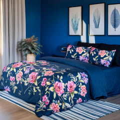 Printed Cotton Bedsheet For King Size With 2 Pillow Cover | 108 X 108 Inches, Dark Blue | Wrinkle Free Soft Perfect For Everyday Use