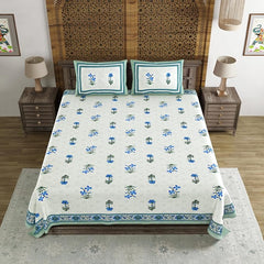 Hand Block Printed Cotton King Size Bedsheet With 2 Pillow Covers, 90 X 108 Inches, White | Good For Villas, Resorts, Guest Houses, & Daily Home Use