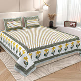 1 Queen Size Bedsheet For Double Bed With 2 Pillow Covers (90 X 108 Inches) White & Yellow | Beautiful Printed Designs - Breathable 100% Cotton Bedsheet Comfortable