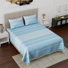 210 TC Double Bedsheet With Two Pillow Cover - Queen Size 90 X 100 Inches, White & Sky Blue | Handloom Cotton Bedsheets For Double Bed | All Season Comfort