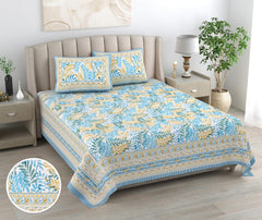 Jaipuri Cotton Bedsheet For King Size With 2 Pillow Covers | 90 X 108 Inches, Sky Blue & Yellow | Ultra-Soft & Skin-Safe | Breathable Summer Comfort