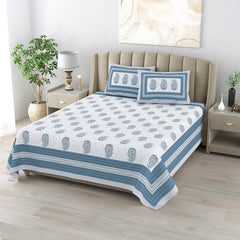 Cotton King Size Bedsheet With 2 Matching Pillow Covers - 90 X 108 Inches, Blue & Grey | Designer Printed Bedsheet Set - Naturally Soft, Breathable, & Skin-Friendly