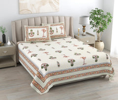 1 Queen Size Bedsheet For Double Bed With 2 Pillow Covers (90 X 108 Inches) Yellow & Green | Premium Cotton Material - Ideal For House, Hotel, Guest House