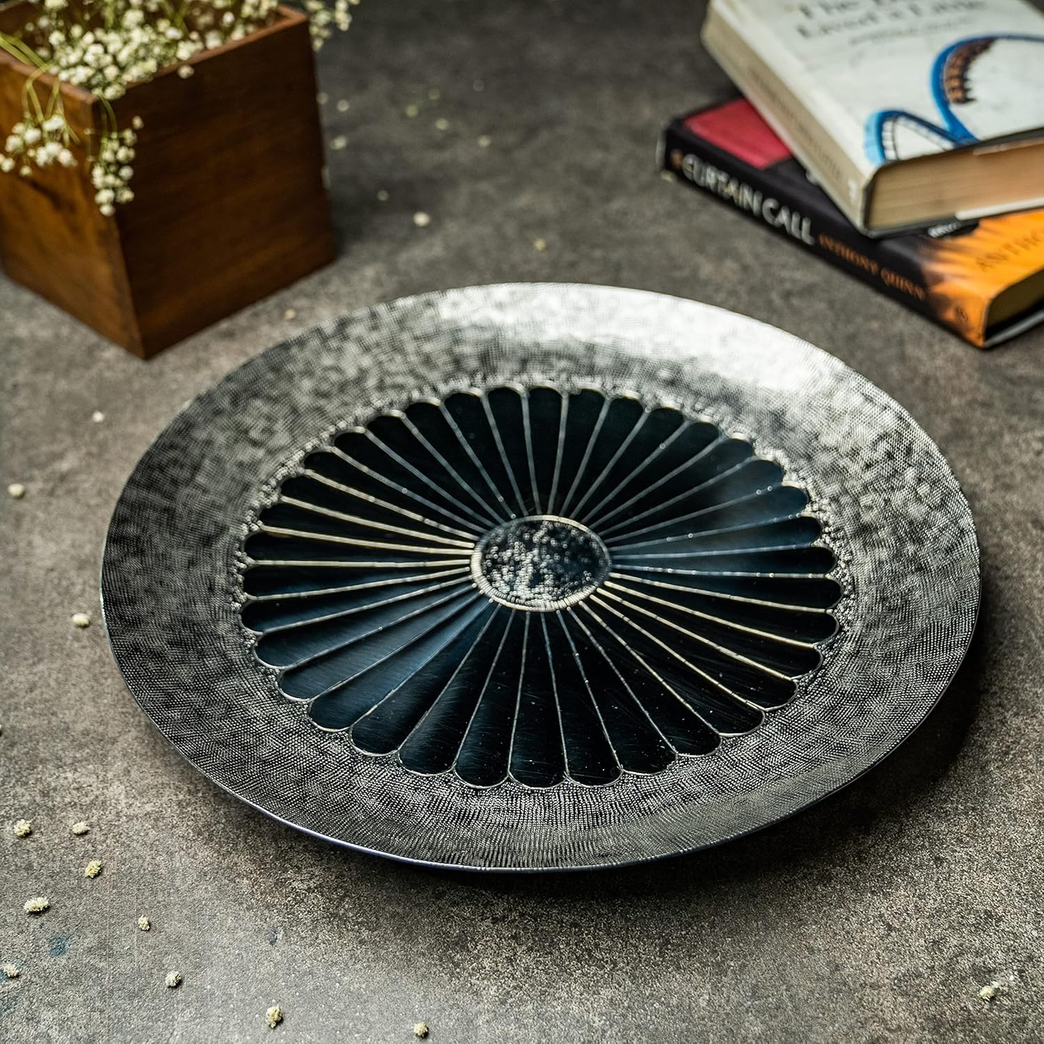 Designer Silver Stainless Steel Round Platters - Hammering Series | Flower Pattern Platters - Serving Tray For Food Dessert Fruit Coffee Tea | Serve Ware, Dinnerware & Tableware Designer Silver Stainless Steel Round Platters - Hammering Series | Flower Pattern Platters - Serving Tray For Food Dessert Fruit Coffee Tea | Serve Ware, Dinnerware & Tableware