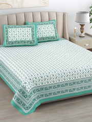 Cotton Queen Size Bedsheet For Double Bed With 2 Pillow Covers | 90 X 108 Inches, White & Green | Cotton Bedsheet Is Suitable For All Seasons | Ultra-Soft, Skin-Safe & Breathable Fabric