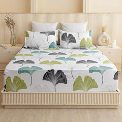 Premium Cotton Fitted Bedsheet King Size - 78 X 72 Inches With 2 Pillow Covers, White & Green | Super Soft, Breathable & Wrinkle Free
