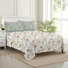Premium 100% Cotton Queen Size Bedsheet With 2 Pillow Covers - 86 X 104 Inches, White & Green | 180 Thread Count Ultra Soft | Ideal For House, Guest Home, Hotel