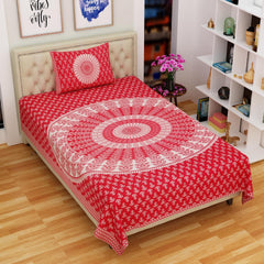 Traditional Jaipuri Single Bedsheet With 1 Pillow Cover - 56 X 86 Inches, Pink & White | Good Gifting Idea For Diwali | Skin Friendly Fabric With Vibrant Colors