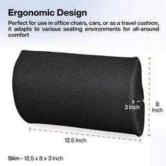 Lumbar Support Roll For Back Pain Relief, Back Support & Posture Correction, Black | Slim, Versatile Cushion For Office, Car & Travel With Adjustable Strap | Cooling, Lightweight