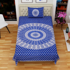 Traditional Jaipuri Single Bedsheet With 1 Pillow Cover - 56 X 86 Inches, Blue & White | Good Gifting Idea For Diwali | Skin Friendly Fabric With Vibrant Colors