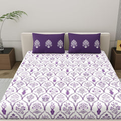 100% Cotton Double Bedsheet With 2 Pillow Covers - Size - 87 X 94 Inches, White & Purple | Breathable Fabric & Skin Friendly | Comfortable Night Sleep