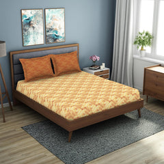Bedsheet For Double Bed With 2 Pillow Cover - 90 X 100 Inches, Brown & Yellow | Super Soft Queen Size Bedsheet For Diwali Gifting