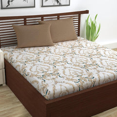 Super Soft 100% Cotton Bedsheet For Queen Size With 2 Pillow Covers | 87 X 100 Inches, White & Beige - Perfect For Home Decor & Gifts | 144 Thread Count