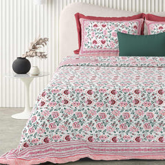 Double Bedsheet For King Size With 2 Matching Pillow Covers (90 X 108 Inches) White & Pink | Pure Cotton Jaipuri Bedsheet | Cotton Bedsheet Is Suitable For All Seasons