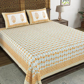 Traditional Hand Block Printed Cotton King Size Bedsheet With 2 Pillow Covers, 90 X 108 Inches, White | 200 Thread Count-Vibrant Bedding For Stylish Bedrooms
