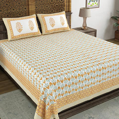 Traditional Hand Block Printed Cotton King Size Bedsheet With 2 Pillow Covers, 90 X 108 Inches, White | 200 Thread Count-Vibrant Bedding For Stylish Bedrooms