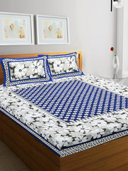 Pure 100% Cotton Double Bed Sheet With 2 Pillow Covers - 90 X 100 Inches, Blue & White | Beautifully Handcrafted Traditional Bedsheets - Skin Friendly Fabric