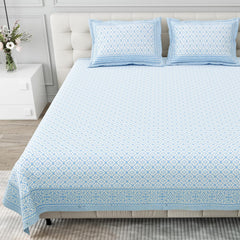 Pure Cotton King Size Bedsheet 2 Matching Pillow Covers | 100x108 Inches, White & Sky Blue | Traditional Jaipuri Printed Bedsheet | Ideal Wedding Gift, Housewarming, Special Occasion Surprise