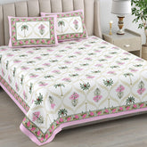 1 Queen Size Bedsheet For Double Bed With 2 Pillow Covers (90 X 108 Inches) White & Pink | Premium Cotton Material - Ideal For House, Hotel, Guest House