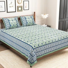 Pure Cotton King Size Bedsheet 2 Matching Pillow Covers | 100x108 Inches, Green & Blue | Traditional Jaipuri Printed Bedsheet | Ideal Wedding Gift, Housewarming, Special Occasion Surprise
