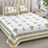 1 Queen Size Bedsheet For Double Bed With 2 Pillow Covers (90 X 108 Inches) White & Yellow | Beautiful Printed Designs - Breathable 100% Cotton Bedsheet Comfortable