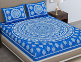Printed Jaipuri Bedsheet For Double Bed With 2 Pillow Covers - 83 X 94 Inches, Blue | Long Lasting & Soft 120 Thread Count Bedsheet