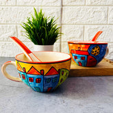 Exotic Panorama Hand Painted Handled Ceramic Soup Bowls With Spoons Set Of 2 - 300ml Each, Multicolor | Serving Bowls With Matching Spoons | Ceramic Soup Cups - Microwave Safe & Dishwasher Safe