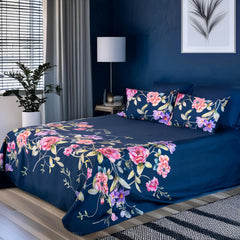 Printed Cotton Bedsheet For King Size With 2 Pillow Cover | 108 X 108 Inches, Dark Blue | Wrinkle Free Soft Perfect For Everyday Use