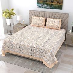 1 Queen Size Bedsheet For Double Bed With 2 Pillow Covers (90 X 108 Inches) White & Orange | Premium Cotton Material - Ideal For House, Hotel, Guest House