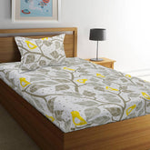 144 TC Cotton Bedsheet For Single Bed With 1 Pillow Cover - 55 X 88 Inches, Grey & Yellow | Good For Guest Houses, & Daily Home Use