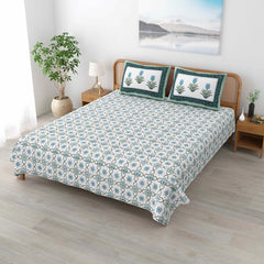 Traditional Rajasthani Cotton Bedsheet For King Size With 2 Matching Pillow Cover | 90 X 108 Inches, Han Blue & White | Soft & Comfortable Fabric