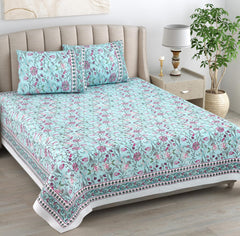Hand Printed Double Bedsheet For King Size With 2 Pillow Covers | 90 X 108 Inches, Aqua & Pink | Ultra-Soft & Skin-Safe | Breathable Summer Comfort