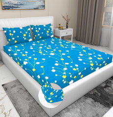 Luxurious Double Bed Sheet With 2 Pillow Covers - 72 X 78 X 8 Inches, Blue & White | Fade Resistant & Durable Breathable & Wrinkle Free Bed Sheet