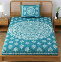 Single Bedsheet With 1 Pillow Covers - 54 X 84 Inches, Sea Green | Long Lasting & Soft 120 Thread Count Bedsheet | Traditional Jaipuri Printed Bedsheet