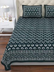 Printed Cotton Double Bedsheet For King Size With 2 Pillow Covers (95 X 108 Inches) Dark Teal | 280 Thread Count - Pure Cotton Natural Fabric & Skin-Safe | Extra Soft & Wrinkle Free