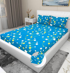 Luxurious Double Bed Sheet With 2 Pillow Covers - 72 X 78 X 8 Inches, Blue & White | Fade Resistant & Durable Breathable & Wrinkle Free Bed Sheet