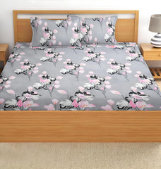 Printed King Size Bedsheet With 2 Matching Pillow Covers - 90 X 90 Inches, Grey & Pink | Durable & Long-Lasting | Naturally Soft, Breathable, & Skin-Friendly