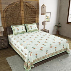 Hand Block Printed Cotton King Size Bedsheet With 2 Pillow Covers, 90 X 108 Inches, White | 200 Thread Count-Good For Villas, Resorts, Guest Houses, & Daily Home Use