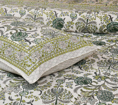 Jaipuri Bedsheet For Double Bed With 2 Pillow Covers - 90 X 108 Inches, Beige & Green | Pure Cotton Bedsheet King Size Bed | Soft & Breathable Fabric