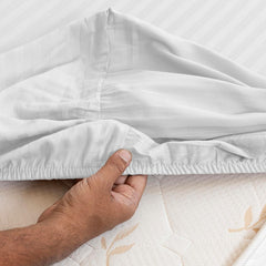 210 TC Cotton Double Bed Fitted Bedsheets With 2 Pillow Cases - 78 X 72 Inches, White | Satin Stripes Wrinkle Free | Comfortable Fabric Bedsheet