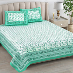 Bedsheet For Queen Bed With 2 Pillow Covers - 90 X 108 Inches, Seafoam Green | Pure Cotton Traditional Jaipuri Printed | Ideal For Both Everyday Use & Special Events