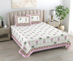 1 Queen Size Bedsheet For Double Bed With 2 Pillow Covers (90 X 108 Inches) White & Pink | Premium Cotton Material - Ideal For House, Hotel, Guest House