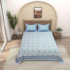 Traditional Rajasthani Design Bedsheet With 2 Pillow Covers - 90 X 108 Inches, Aqua & White | Color Fade Resistant & Shrinkage Resistant For All-Season Use