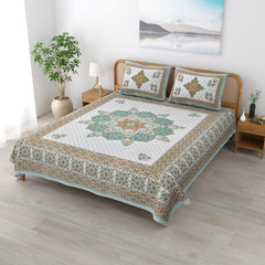 Sanskriti Bedsheet For Double Bed King Size With 2 Pillow Cover - 90 X 108 Inches, Teal & White | Soft, Durable & Stylish | Breathable & Skin-Friendly