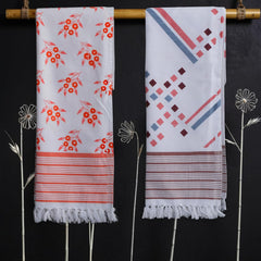 Basil House White Printed Plain Large Size Cotton Turkish Bath Towel 700 Gsm | Kerala Thorthu Towel Lighweight Thin Towels (Multicolor) - Pack Of 2
