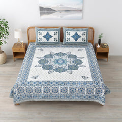 Sanskriti Bedsheet For Double Bed King Size With 2 Pillow Cover - 90 X 108 Inches, Blue & Grey | Soft, Durable & Stylish | Breathable & Skin-Friendly