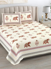 1 Queen Size Bedsheet For Double Bed With 2 Pillow Covers (90 X 108 Inches) Cream & Red | Premium Cotton Material - Ideal For House, Hotel, Guest House
