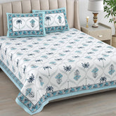 1 Queen Size Bedsheet For Double Bed With 2 Pillow Covers (90 X 108 Inches) White & Sky Blue | Floral Print Designs - Breathable 100% Cotton Bedsheet Comfortable